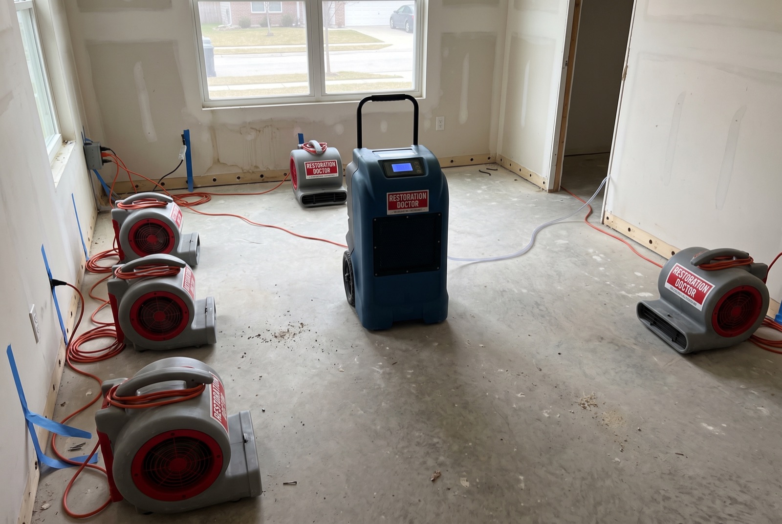 Air movers and LGR dehumidifier positioned during structural drying — illustrating: can water damage be reversed