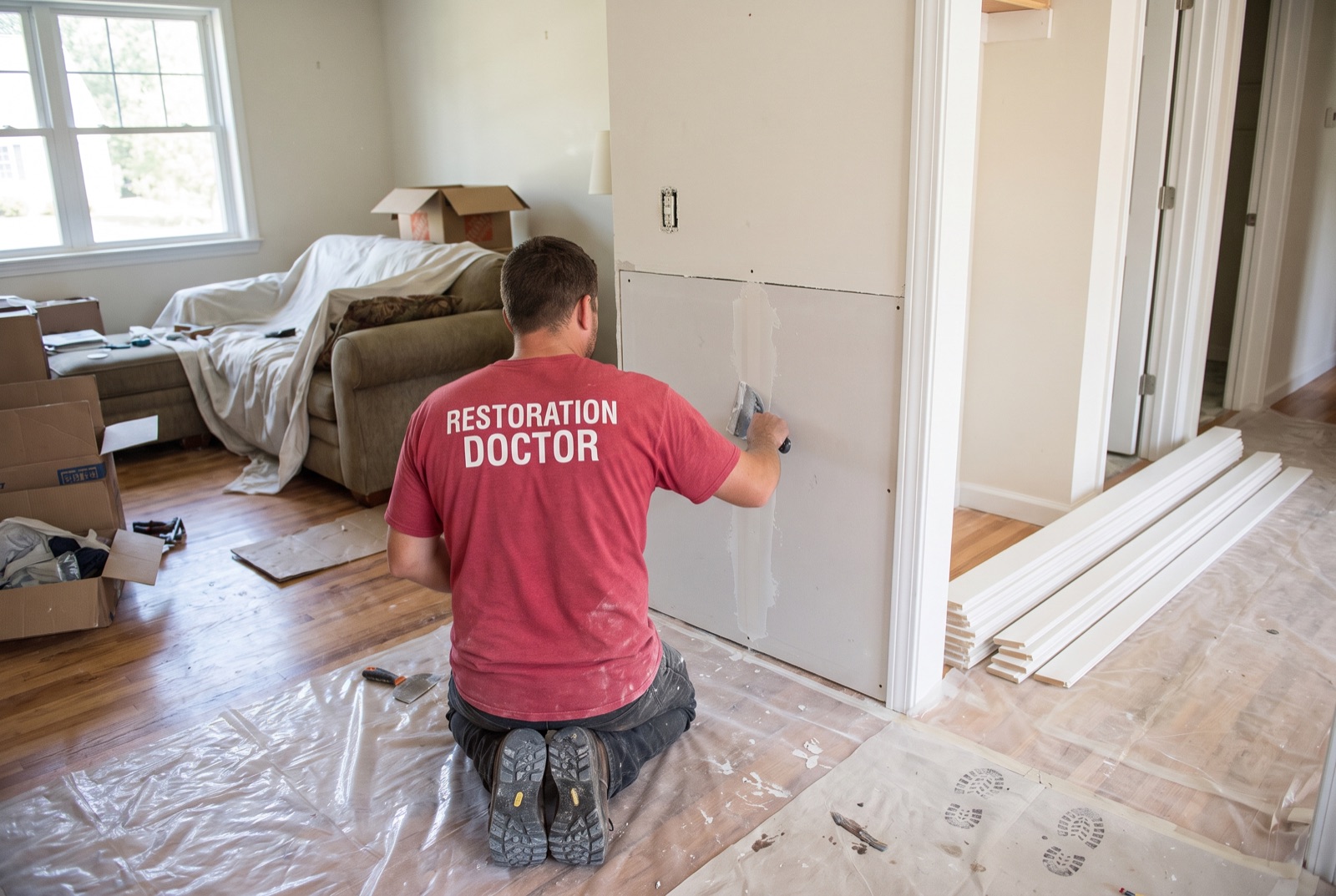 Drywall reconstruction after water damage mitigation — illustrating: can hardwood floors be saved after water damage