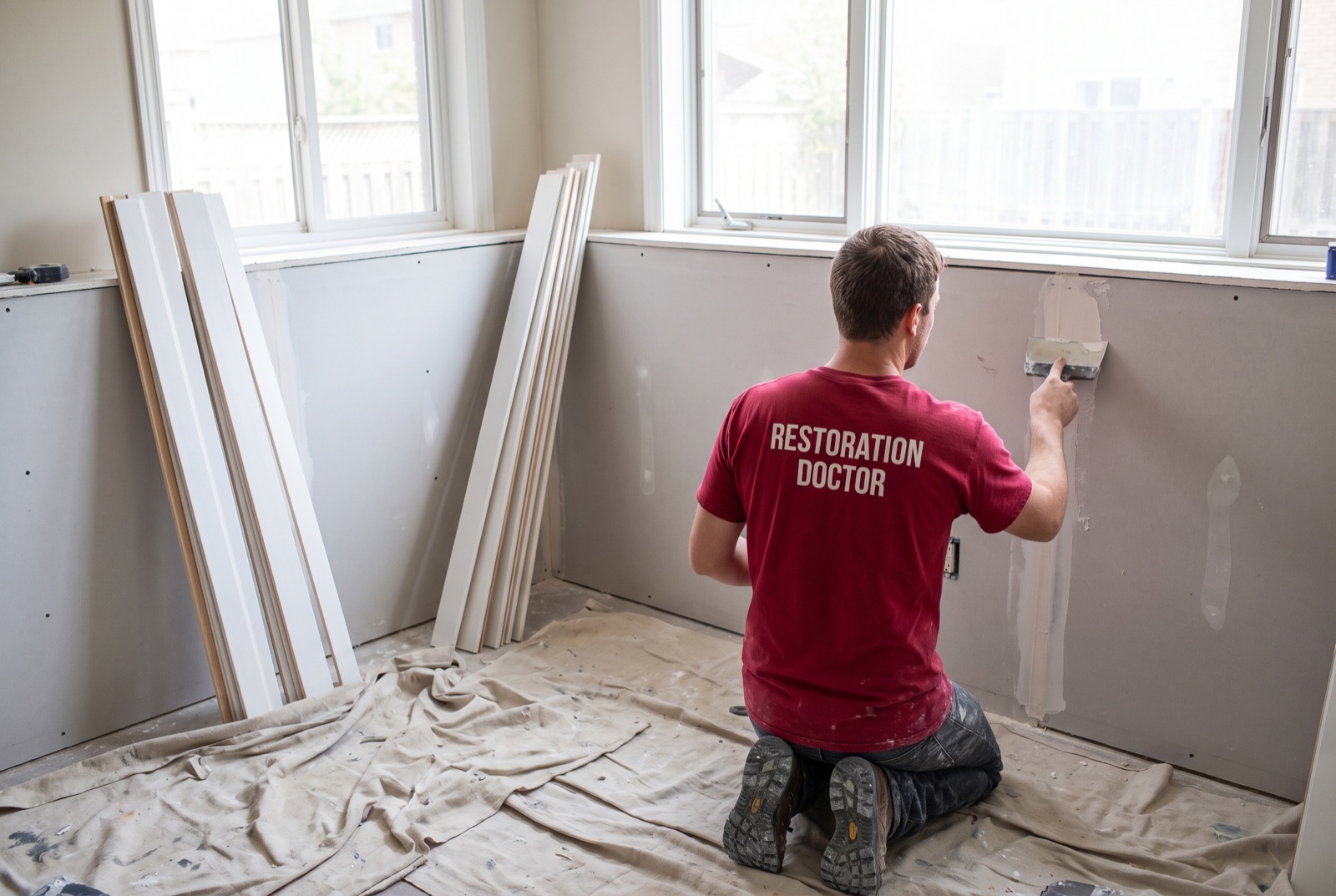 Drywall reconstruction after water damage mitigation — illustrating: how long does it take for water to damage drywall