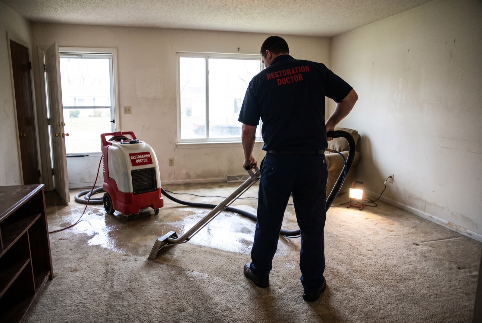 Restoration Doctor technician extracting standing water from soaked carpet — illustrating: how do I keep my pipes from freezing