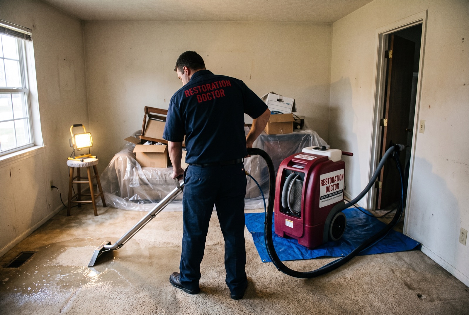 Restoration Doctor technician extracting standing water from soaked carpet — illustrating: what does a burst pipe sound like