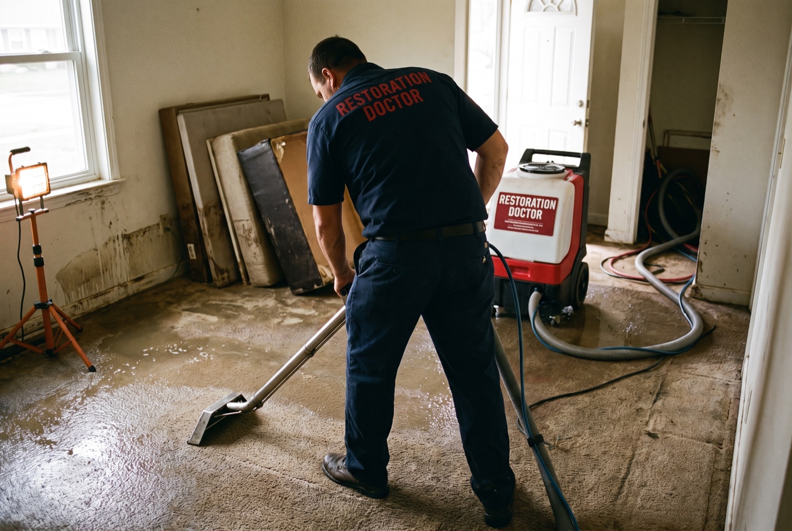Restoration Doctor technician extracting standing water from soaked carpet — illustrating: is a flooded basement dangerous