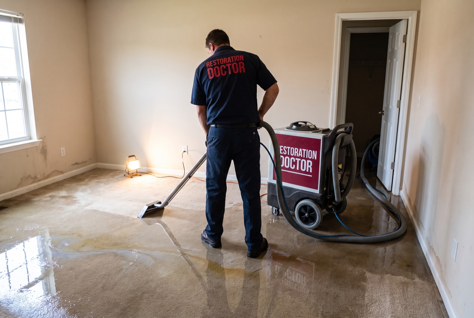 Restoration Doctor technician extracting standing water from soaked carpet — illustrating: can water damage be reversed