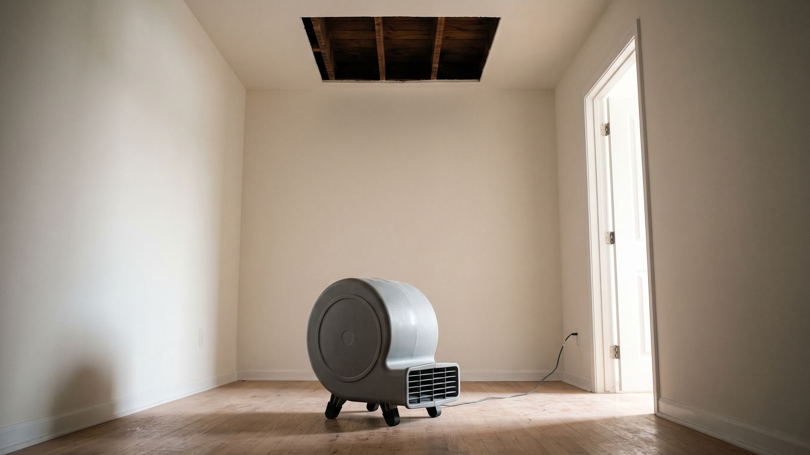 Centrifugal air mover in an emptied room below a ceiling cut open to the joists to dry an AC leak water stain