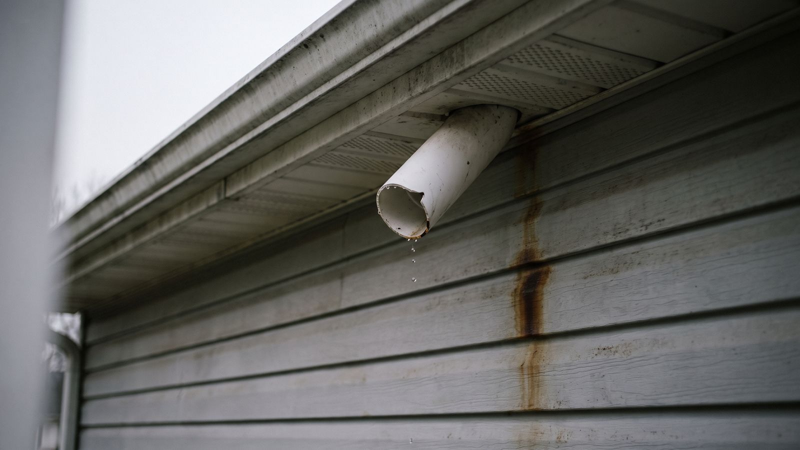 AC condensate drain stub dripping below a vinyl soffit, the outdoor sign of an AC leak water stain on the ceiling inside