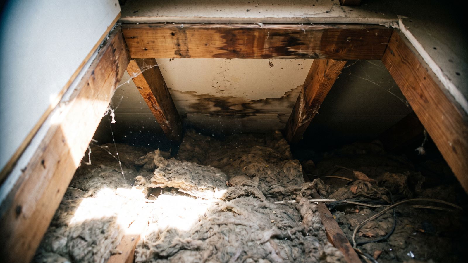 Matted attic insulation between water-stained joists beside ceiling drywall darkened by an AC leak water stain