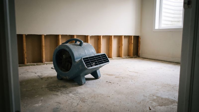 Blue centrifugal air mover standing on a bare basement slab in front of a two-foot flood cut with studs exposed