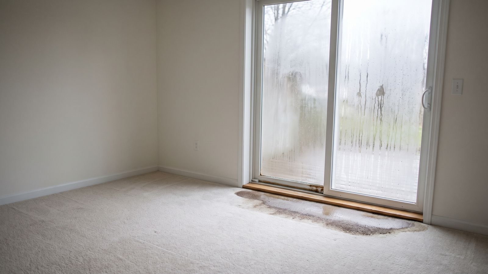 Condensation on a basement patio door Condensation fogging a basement patio door above a damp band in the carpet, the airborne load a dehumidifier removes