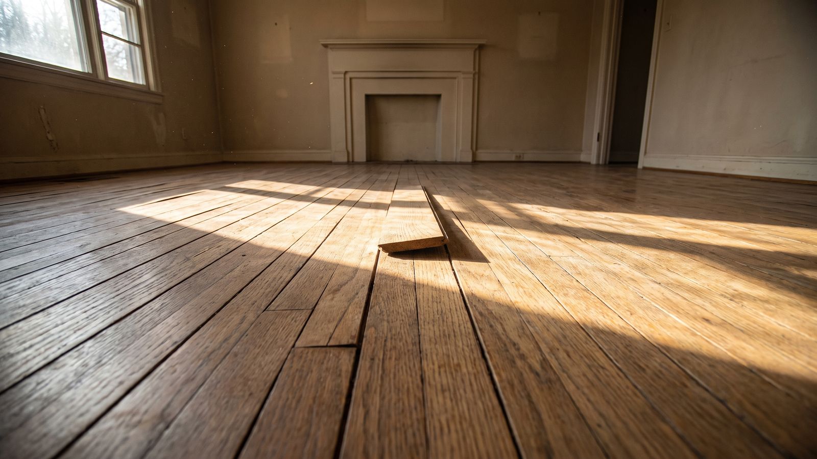 Buckled oak flooring left by trapped moisture Oak strip flooring buckled with one board lifted proud in raking light, secondary damage from moisture never dried out