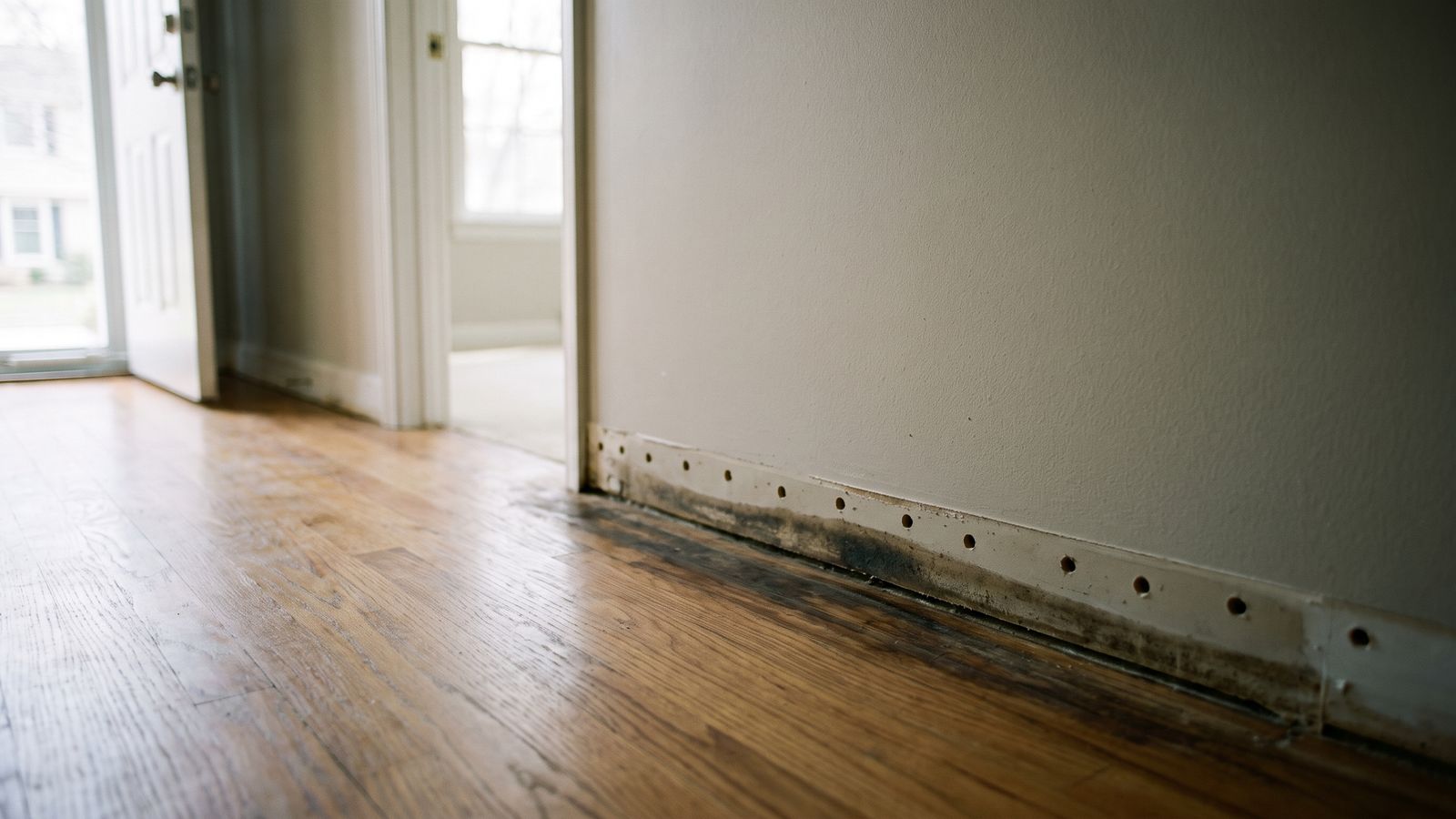 Weep holes drilled along a wet hallway wall base Weep holes drilled along a hallway wall base above water-darkened oak flooring, opening the wet cavity to air mover airflow