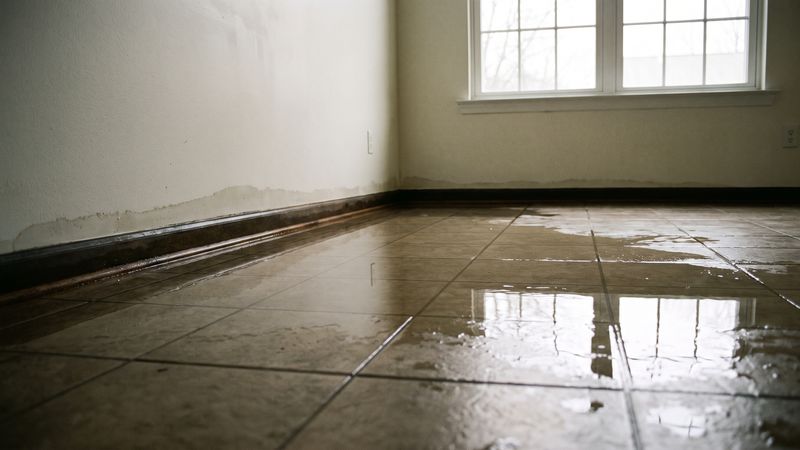 Standing water across a tile floor with a swollen baseboard and damp wall line from appliance leak water damage