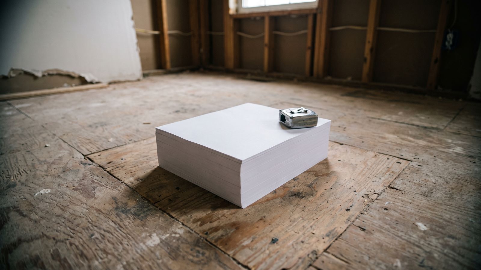 A tape measure on a stack of pages A retracted metal tape measure resting on a squared stack of blank pages on a bare plywood subfloor.