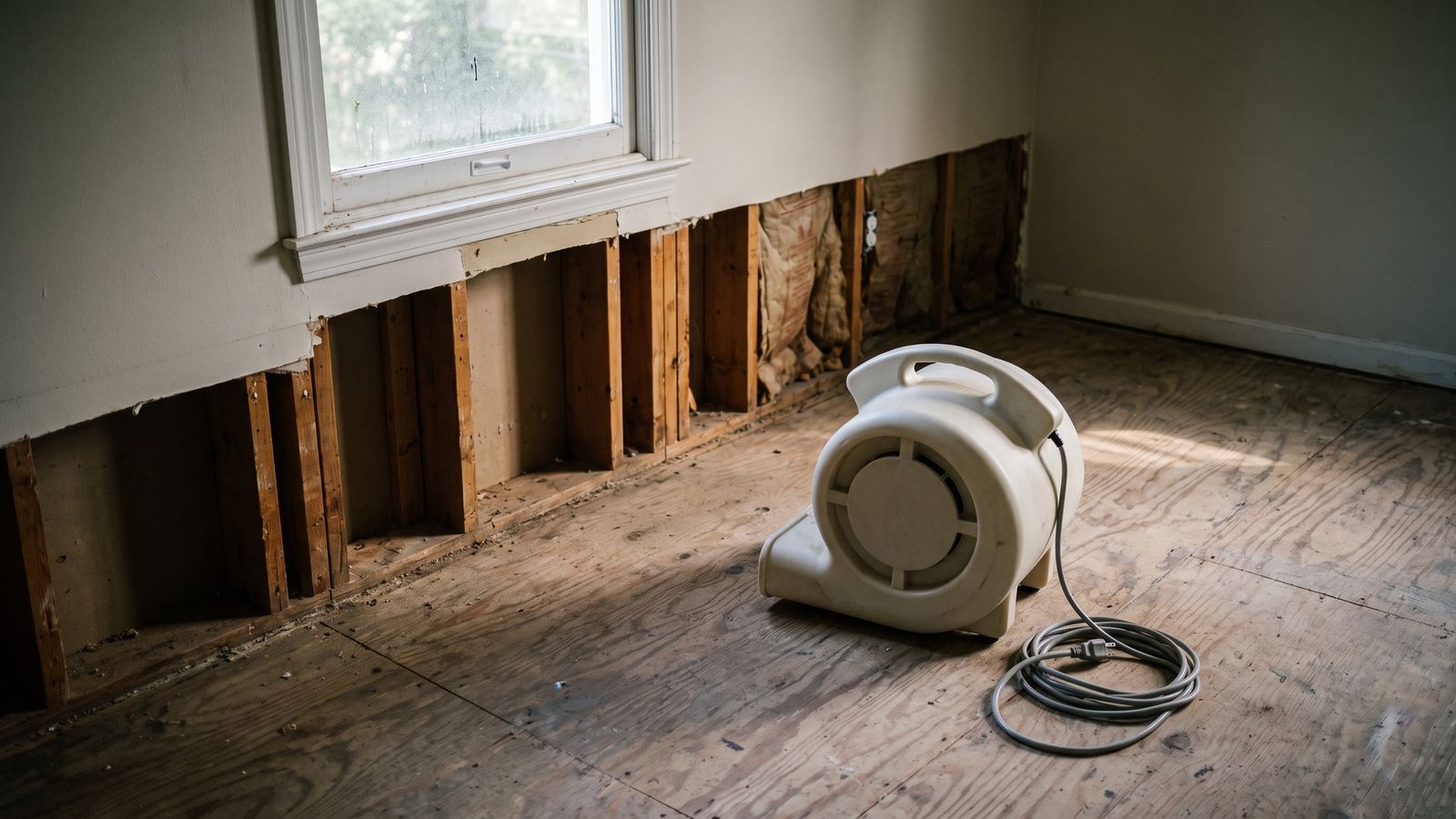 An idle air mover in a stripped room A single portable air mover standing switched off on a plywood subfloor near an open flood-cut wall cavity.