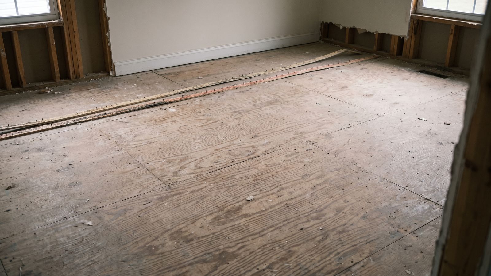 Plywood subfloor with the tack strip lifted Exposed plywood subfloor with the carpet tack strip pried up and set aside along one wall of an emptied room.