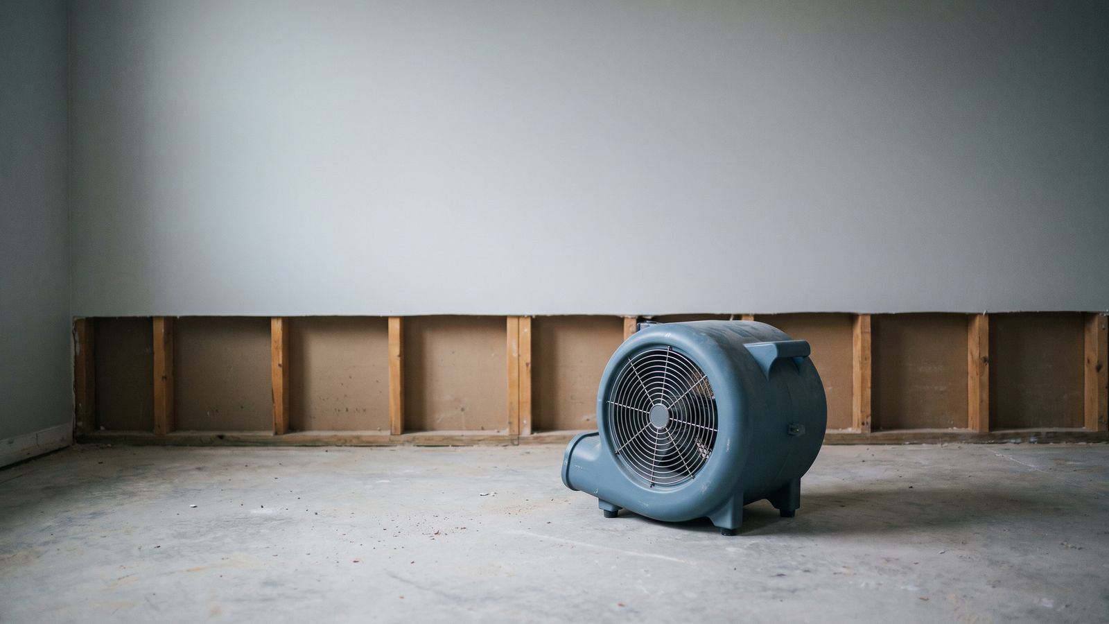 Air mover beside a flood-cut basement wall A blue air mover on a bare basement slab below a flood cut that exposes the wall studs, drying after basement flooding