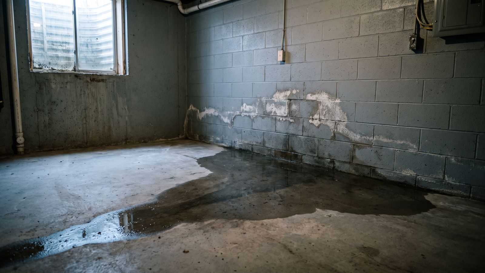 Basement seepage at a block foundation wall Standing water across a bare basement slab and white efflorescence on a painted block foundation wall after basement flooding
