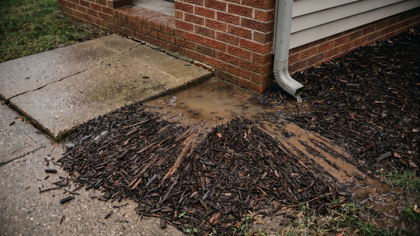 Downspout runoff pooling at a foundation wall A downspout discharging beside a brick foundation where a muddy puddle stands against the wall, a basement flooding risk