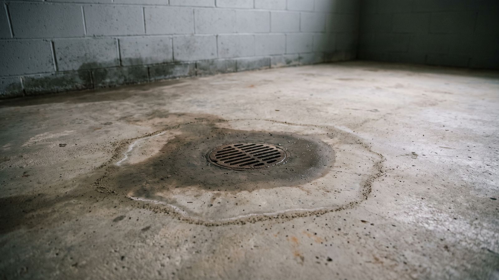 Silt ring around a basement floor drain A round floor drain set in a bare concrete slab with a silt ring and a damp halo around it after basement flooding