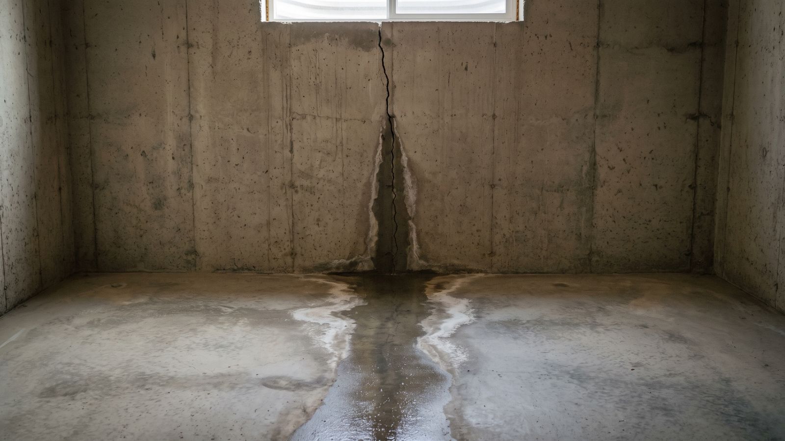 Cracked foundation wall with a water trail A vertical crack in a poured concrete foundation wall with a wet trail running onto the slab, one path for basement flooding