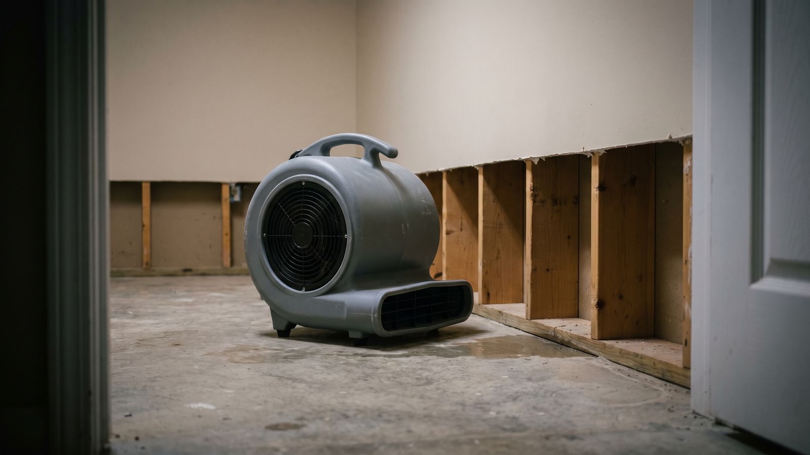 Centrifugal air mover on the slab beside a knee-high flood cut in the drywall of a flooded basement