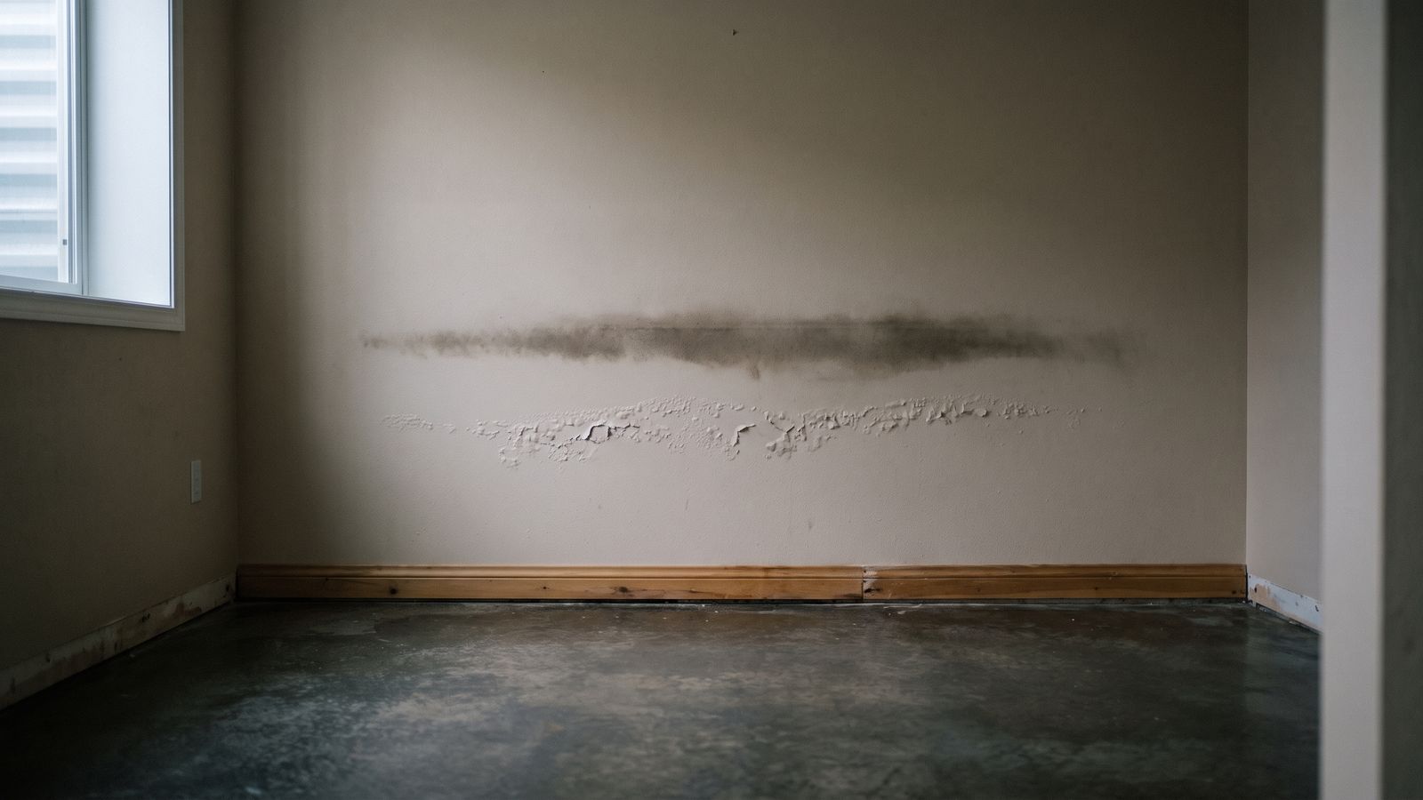 Dark storm water tide line and blistered paint on a basement wall above a bare slab after basement flooding