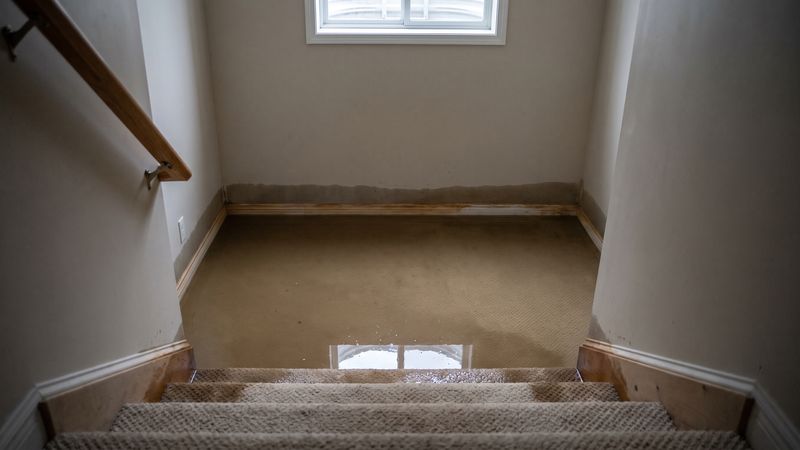 Storm water standing on the carpet of an empty finished basement, seen from the stairs during basement flooding in a storm
