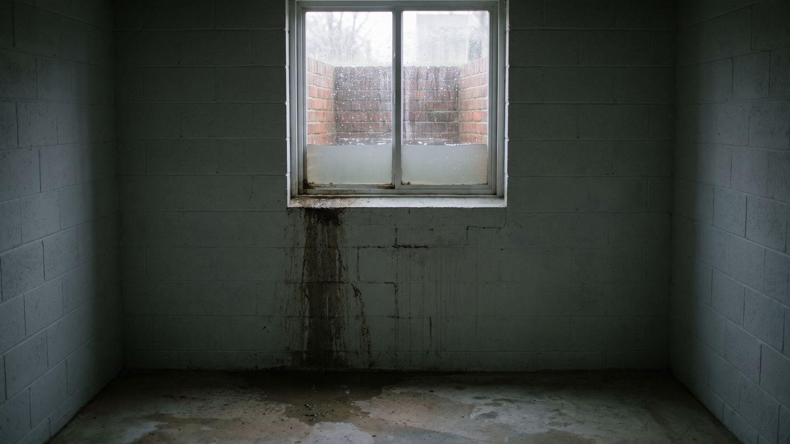 Storm water standing in a brick window well seen from inside a flooded basement, a wet track running down the block wall