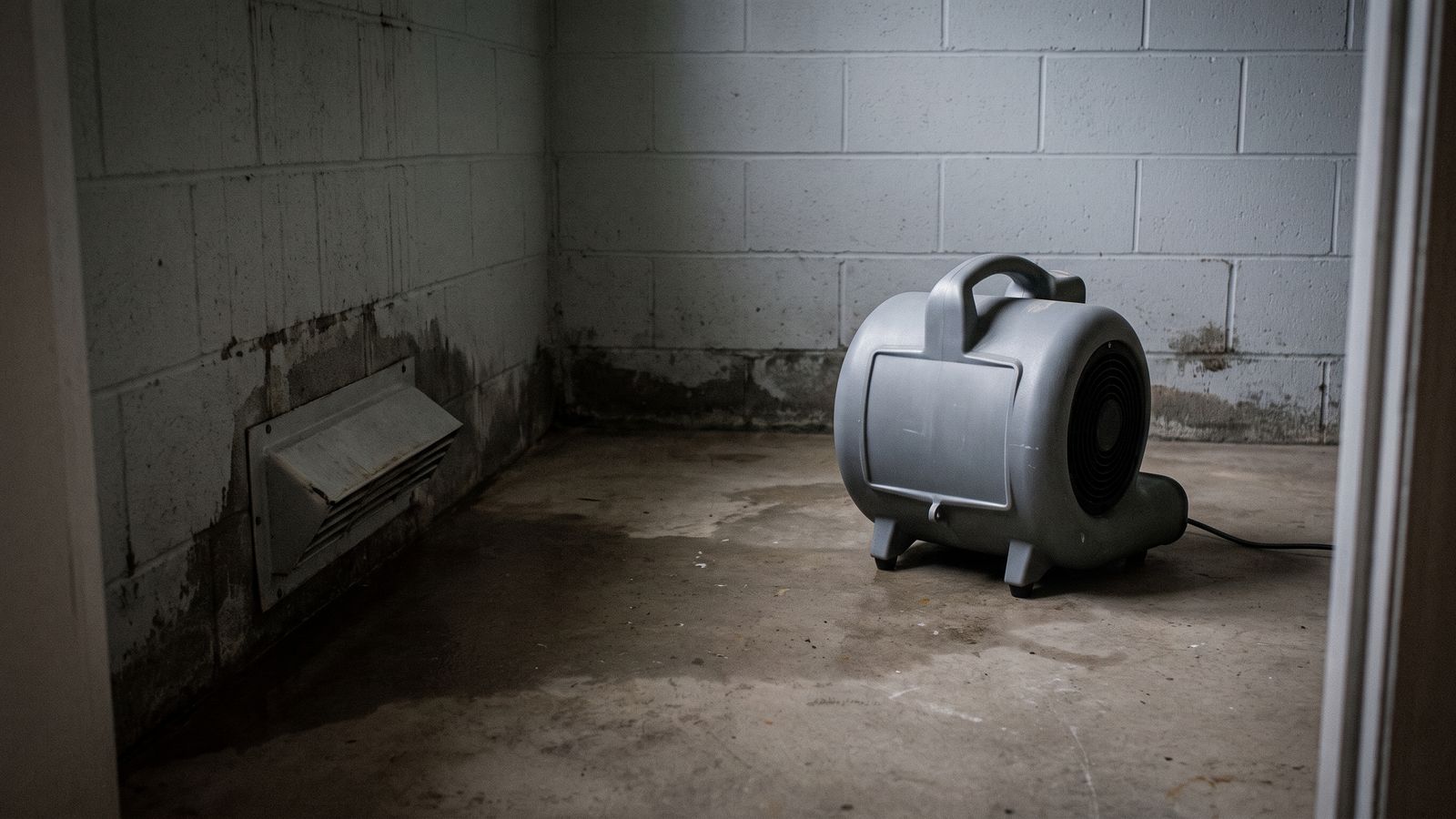 Gray air mover on a damp basement slab beside water stained block walls - basement waterproofing vs restoration