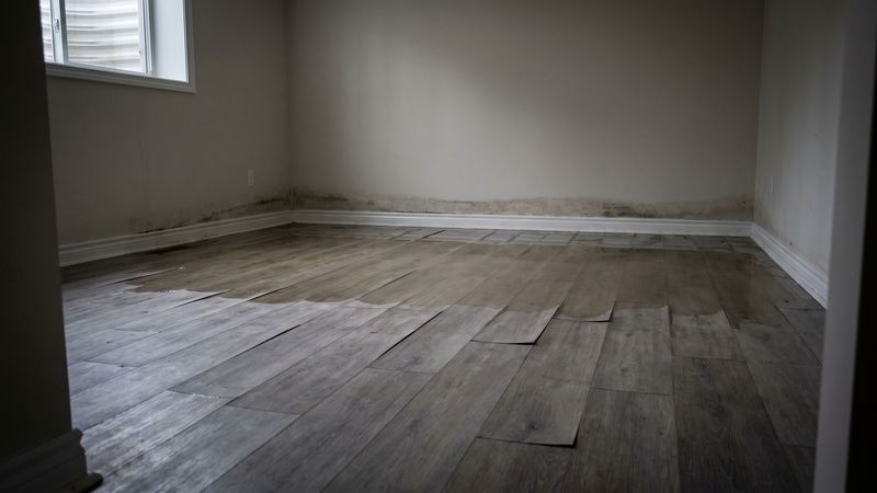 Buckled vinyl plank floor and a dark stain line above the baseboard in a basement - basement waterproofing vs restoration