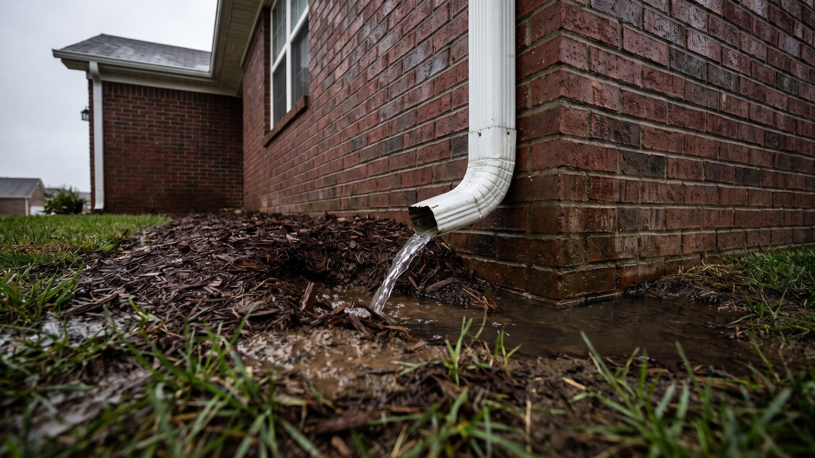 White downspout discharging onto mulch and pooling at a brick foundation corner - basement waterproofing vs restoration