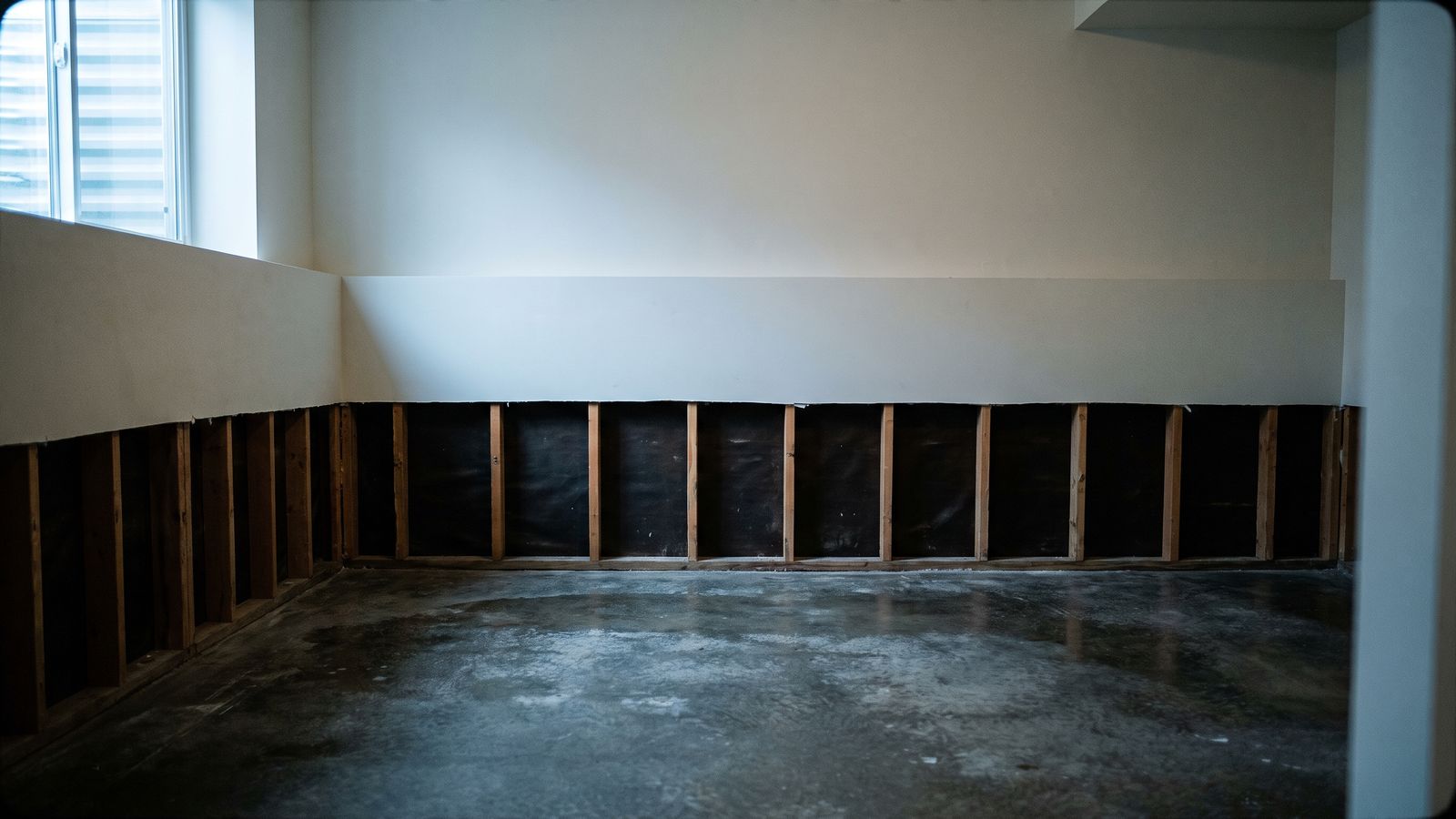 Two-foot flood cut exposing bare studs above a damp basement slab - basement waterproofing vs restoration scope