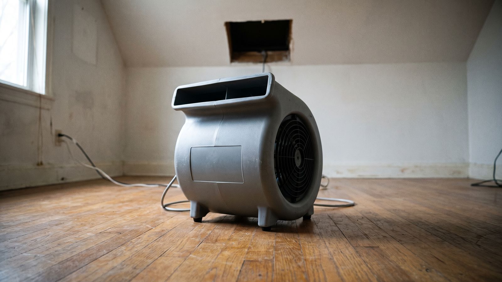 Air Mover Running Below an Opened Ceiling Cavity Air mover on bare wood flooring below an opened ceiling cavity, drying after bathtub overflow downstairs ceiling damage