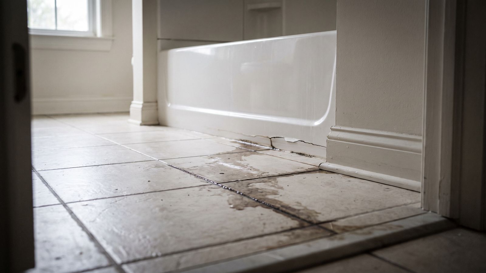 Wet Tile Floor and Split Caulk Joint at a Tub Base Wet ceramic tile and a split caulk joint at an alcove tub base, the source of bathtub overflow downstairs ceiling damage
