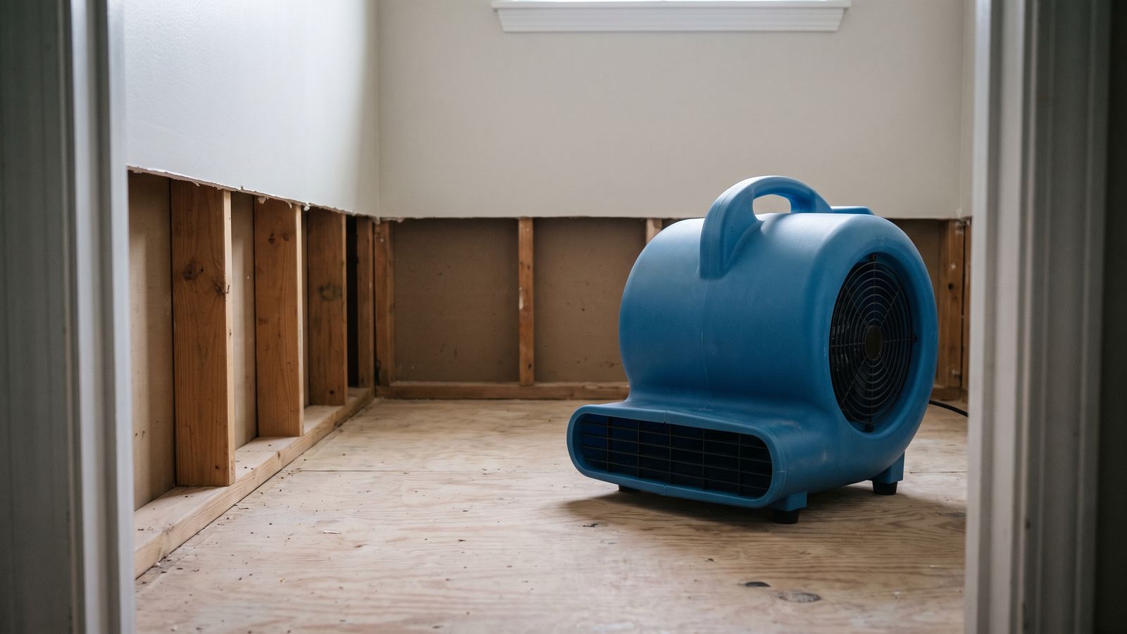 Air mover drying a wall cut back to the studs Blue centrifugal air mover on a bare plywood subfloor beside a wall cut back to bare studs for structural drying