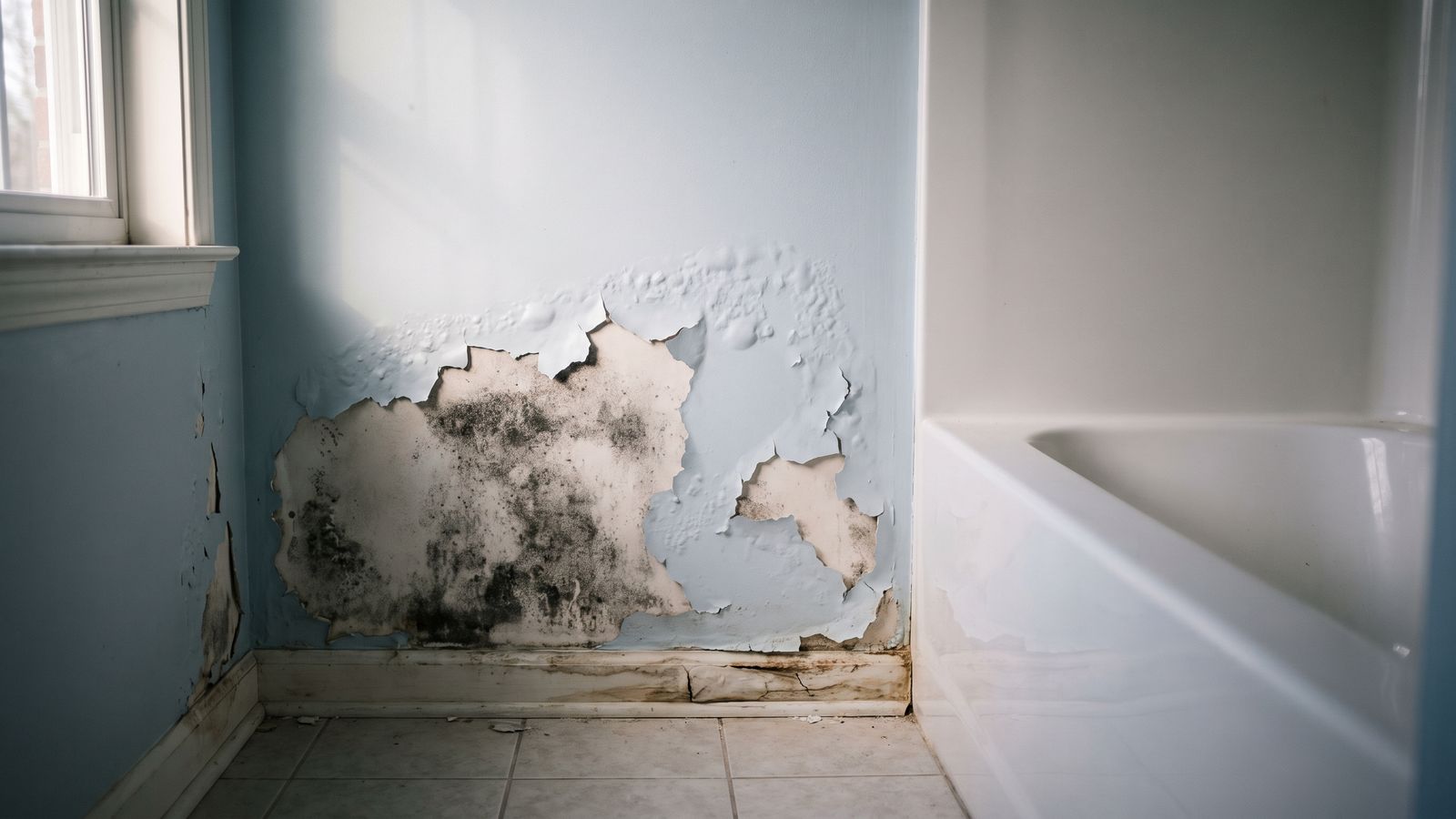 Blistered bathroom wall with mold staining behind Blistered paint peeled off a bathroom wall beside a tub, exposing the gray-black staining of mold inside the wall