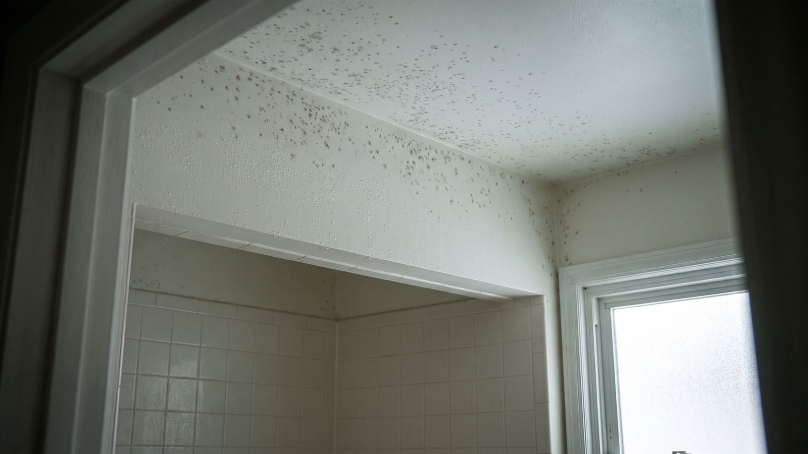 Bathroom mildew on a ceiling above a shower Bathroom mildew speckled across a painted ceiling and upper wall above a tiled shower, condensation beading below