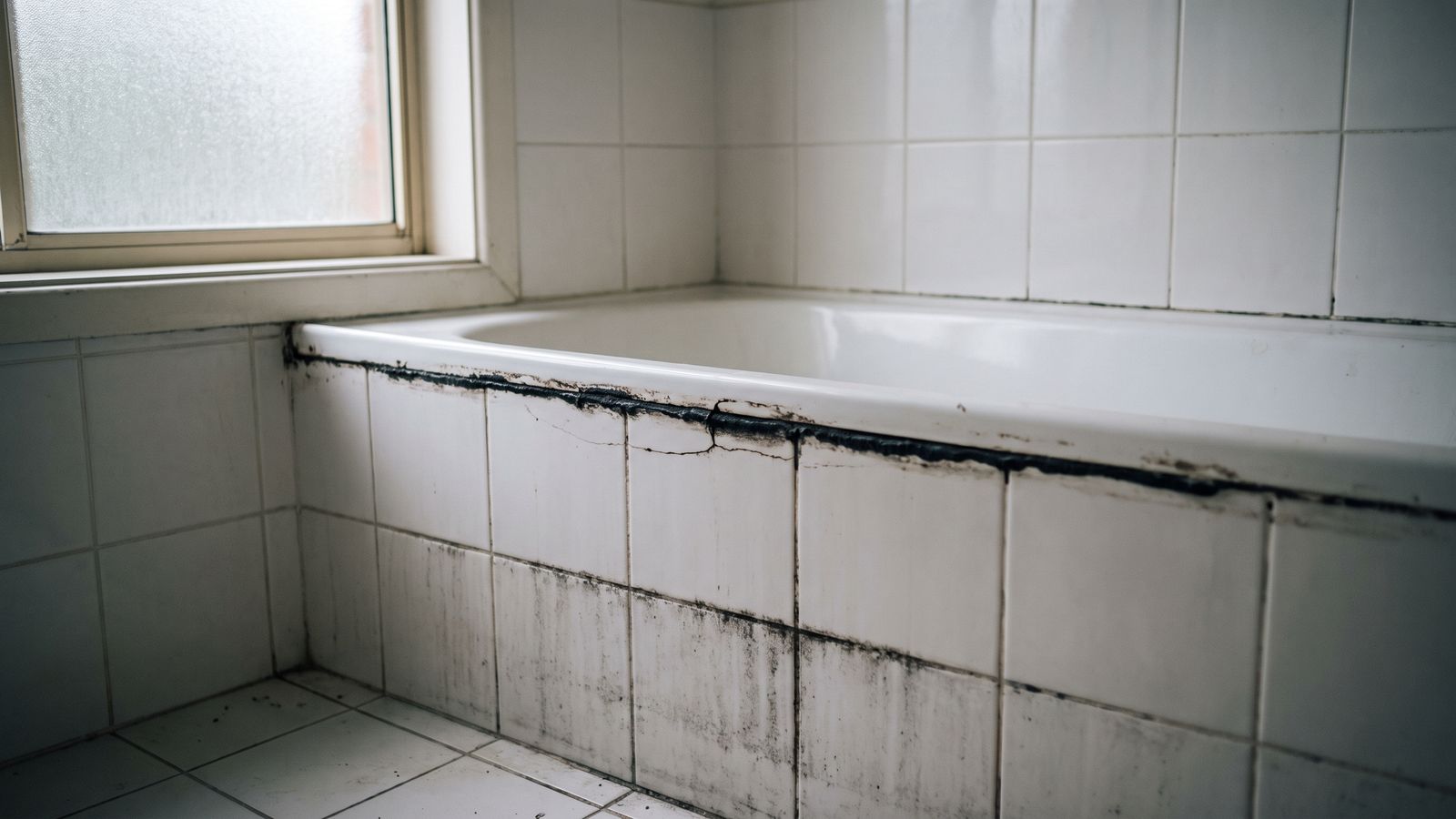 Black mold on bathroom silicone and grout Black mold in bathroom silicone and grout: a blackened caulk bead and gray-black stained grout lines beside a tub