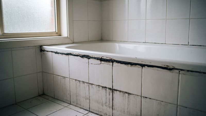Black mold in bathroom silicone and grout: a blackened caulk bead and gray-black stained grout lines beside a tub