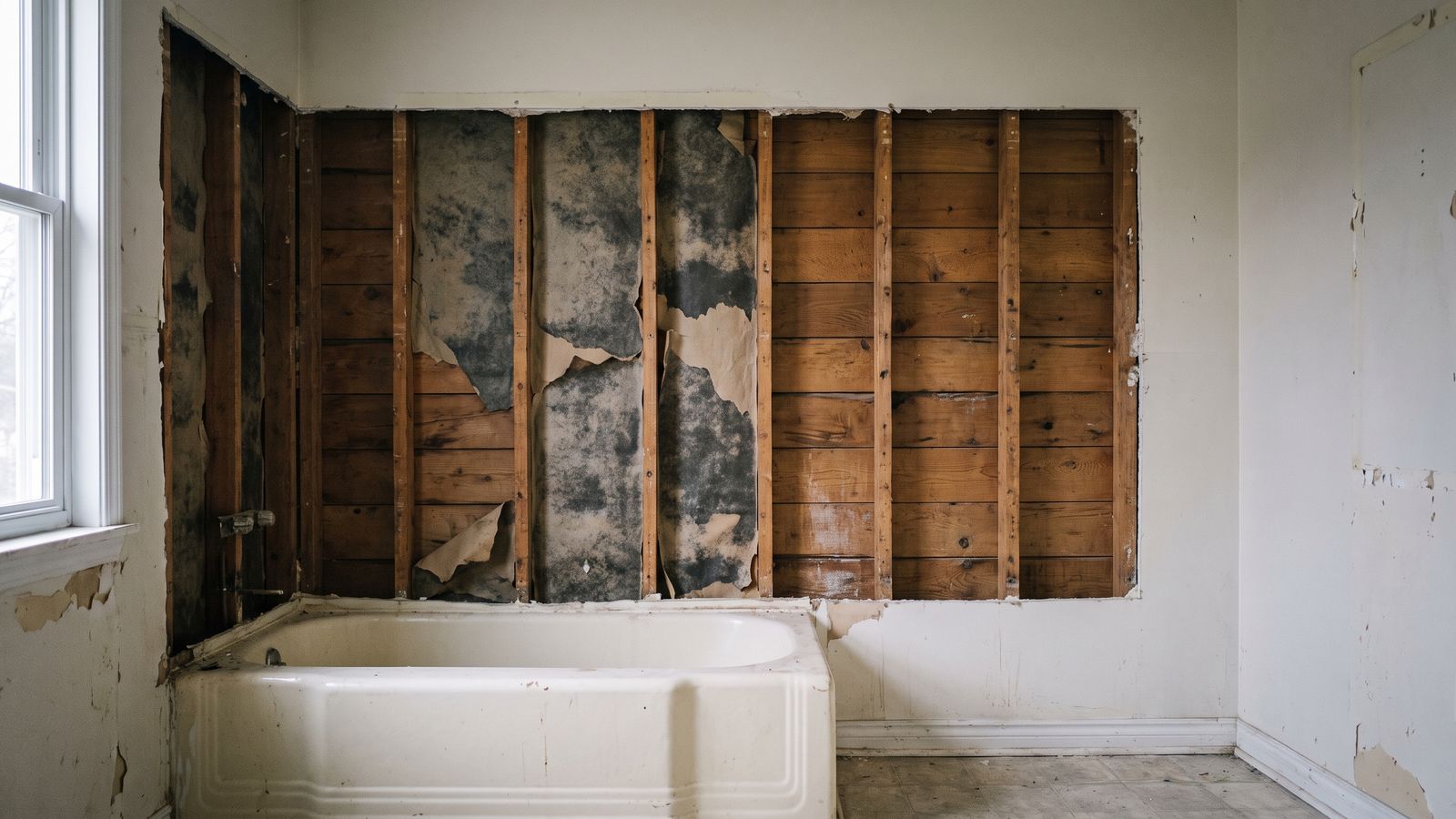 Opened bathroom wall with mold on the framing Opened bathroom wall above a tub exposes bare studs and gray-black mold that bathroom mold remediation must reach