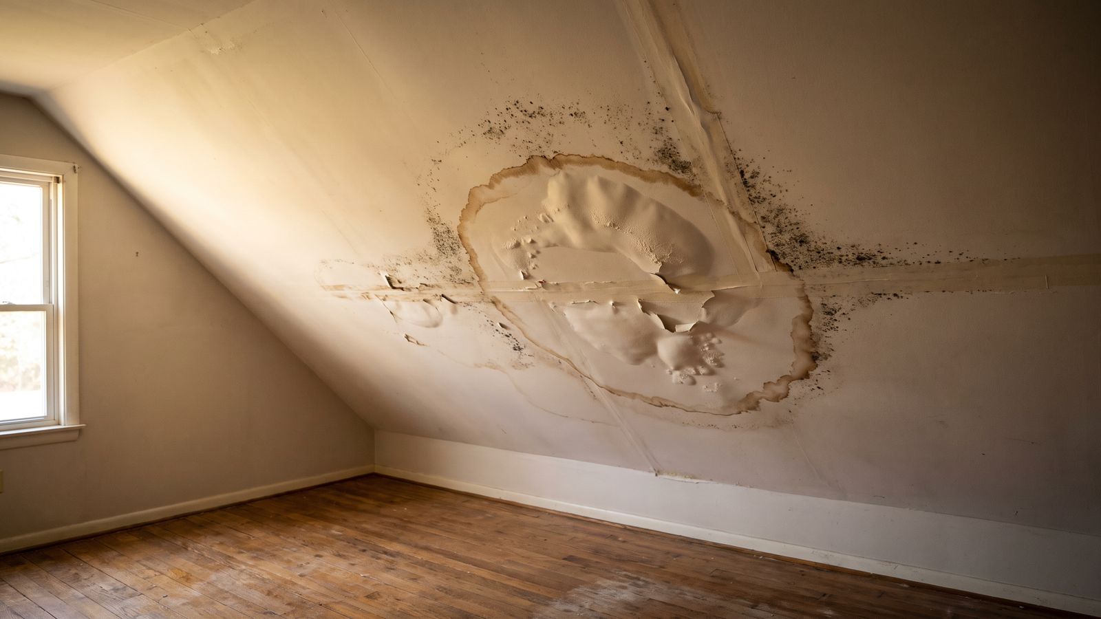 Tide-lined ceiling bulge with speckled growth Brown tide line ringing a blistered ceiling bulge with dark speckled growth, black mold vs regular mold after a leak