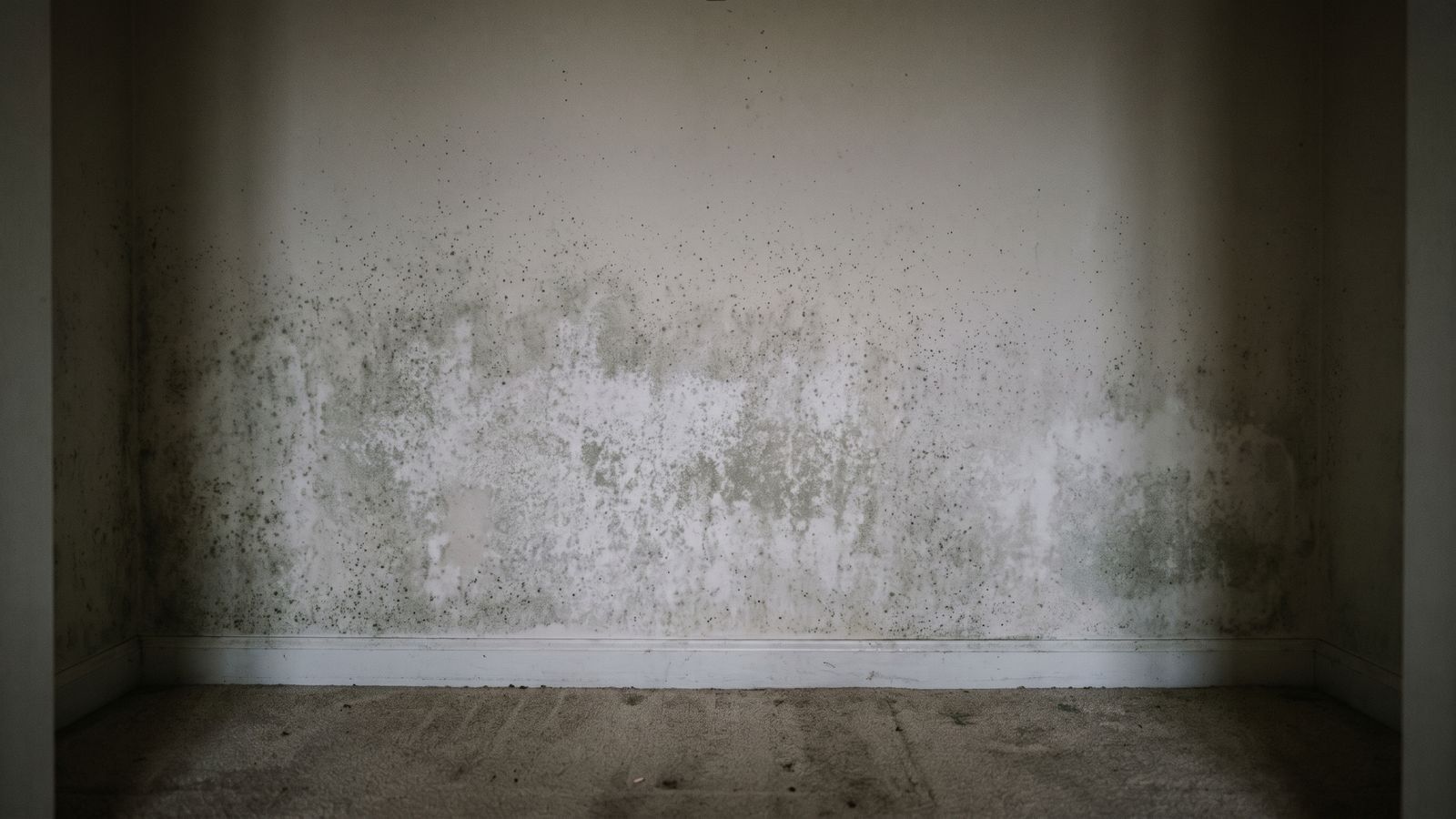 Pale mold bloom on a closet back wall Pale gray-green mold bloom with fine dark speckling across a closet back wall above carpet, a black mold vs regular mold mix
