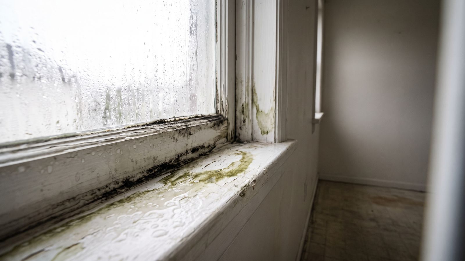 Mold on a condensation-soaked window stool Black speckling and olive staining on a damp painted window stool, where black mold vs regular mold looks identical