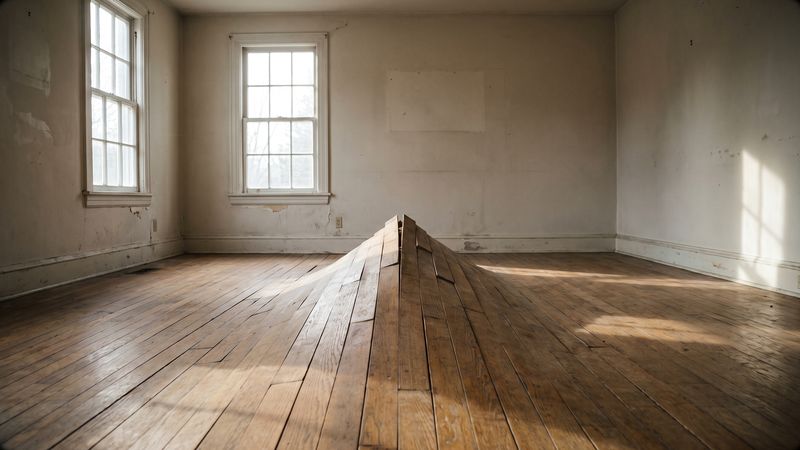 Oak strip boards tented into a sharp ridge in an empty room, a buckled floor after water damage.