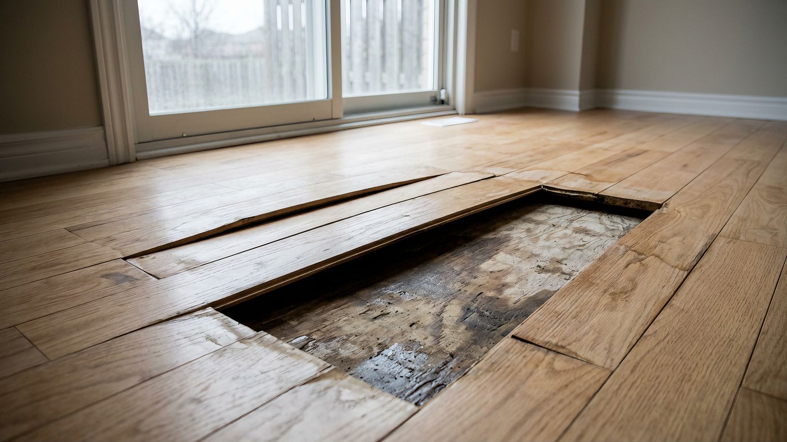 Boards lifted away to expose a dark damp subfloor beneath a buckled floor after water damage.