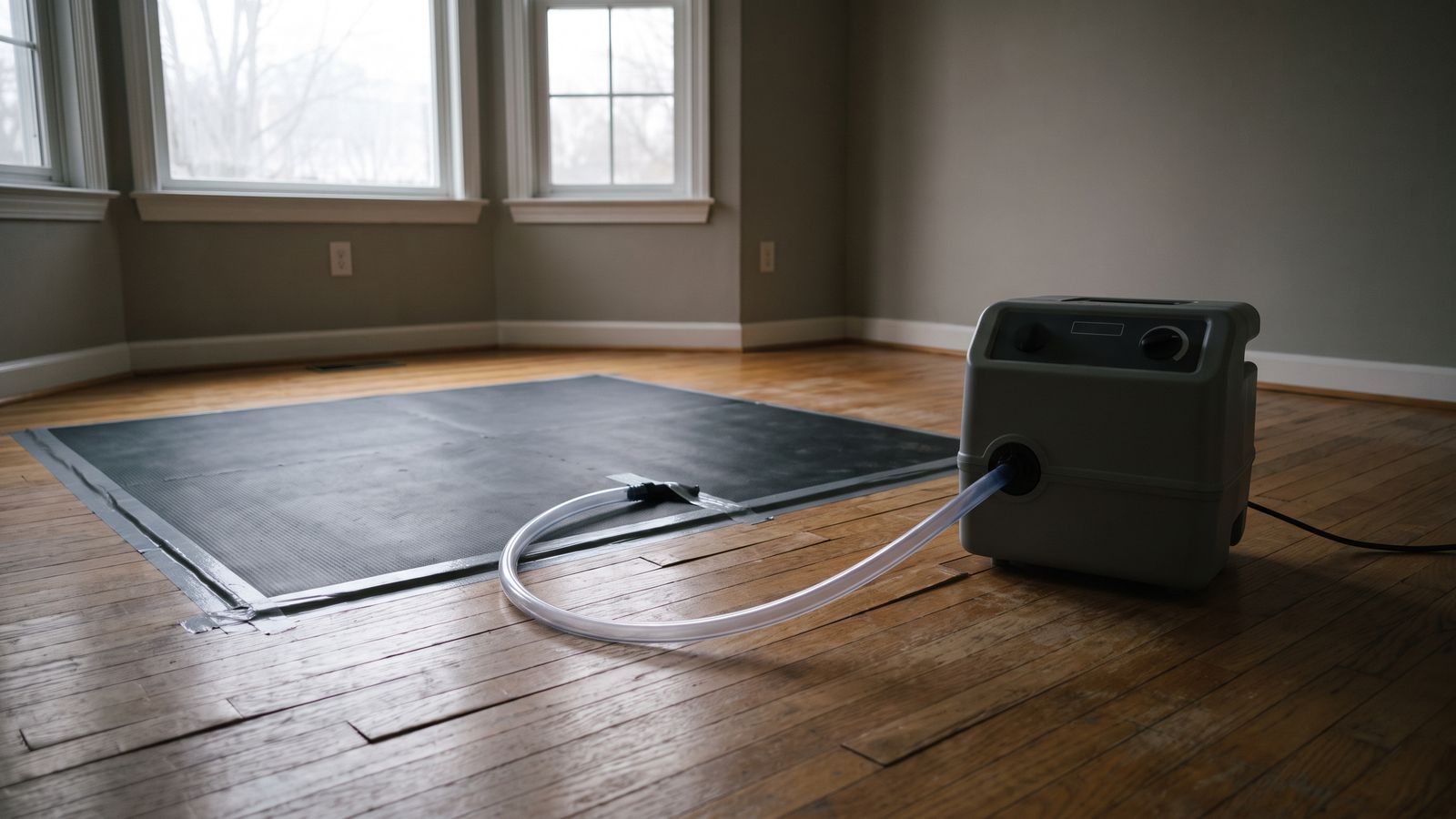 Drying mat taped over a buckled floor after water damage, one hose running to a low suction unit.