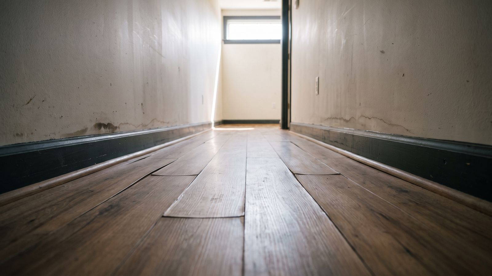 Cupped wood flooring in a damp hallway Cupped wood flooring and a damp wall line in an empty hallway, the damage burst pipe what to do documents
