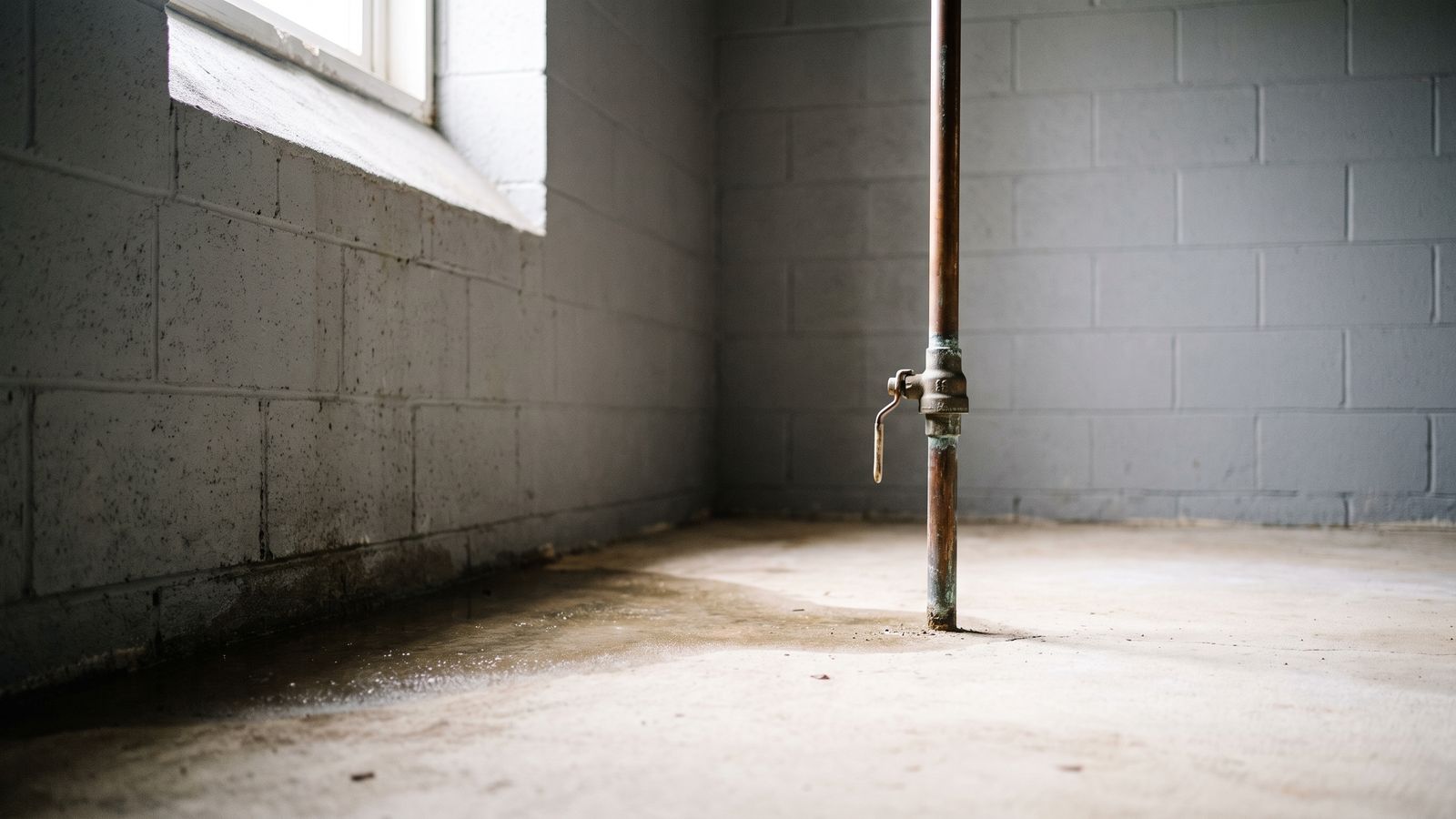 Main water shutoff lever on a basement riser Brass lever ball valve on a copper riser in a bare basement, step one of burst pipe what to do