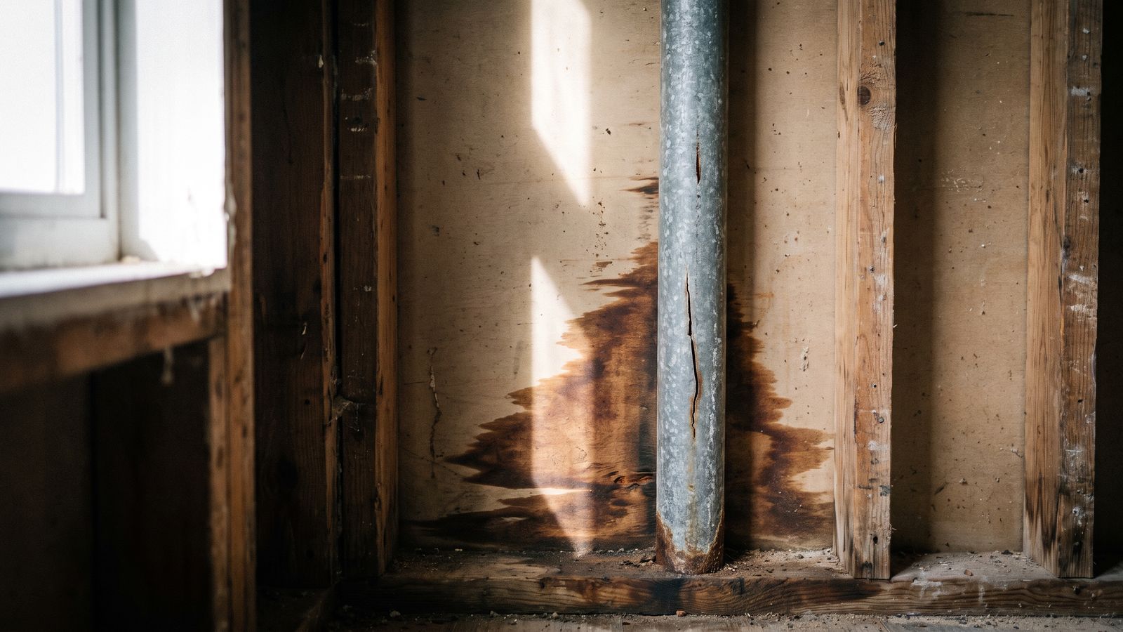Split galvanized supply pipe in a stud bay Split galvanized supply pipe in an opened stud bay, the failure behind burst pipe what to do in older homes