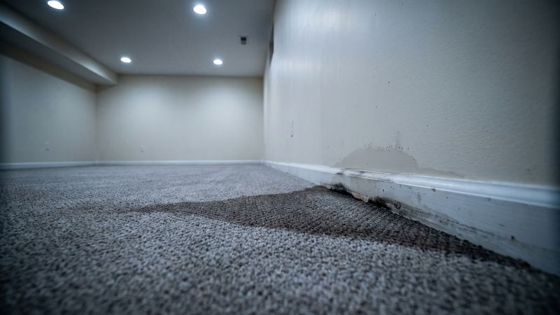 Wet carpet spreading from a swollen baseboard in an empty basement, the damage burst pipe what to do prevents