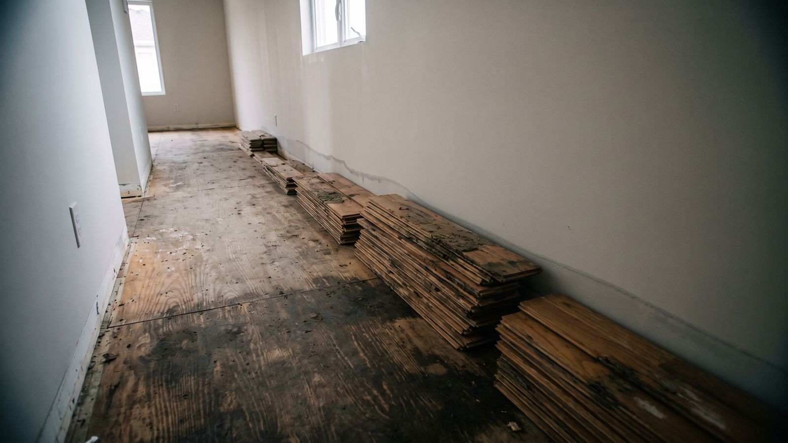 Hardwood boards pried up and stacked beside a stained subfloor after burst supply line water damage in a townhouse